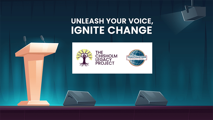 Graphic of a stage with lectern and speakers with the words Unleash Your Voice, Ignite Change and the logos of TCLP and Toastmasters International