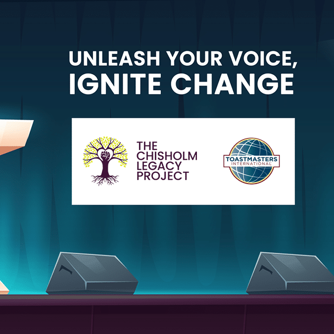 Graphic with the words "Uleash your voice, ignite change" and the logos of TCLP and Toastmasters International